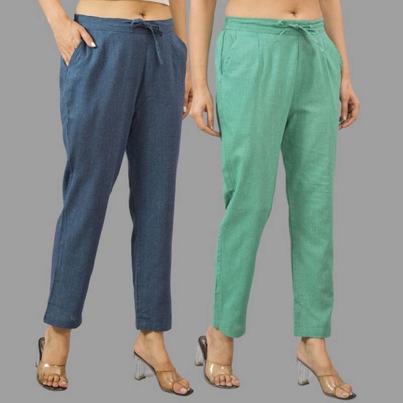 Combo of 2 Navy Blue and Green Cotton Flax Women Trouser Pants-11433