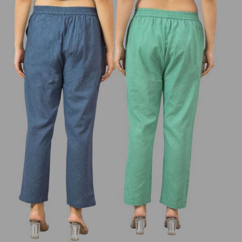 Combo of 2 Navy Blue and Green Cotton Flax Women Trouser Pants-11433