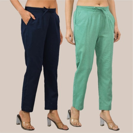 Combo of 2 Navy Blue and Green Cotton Flax Women Trouser Pant-10370
