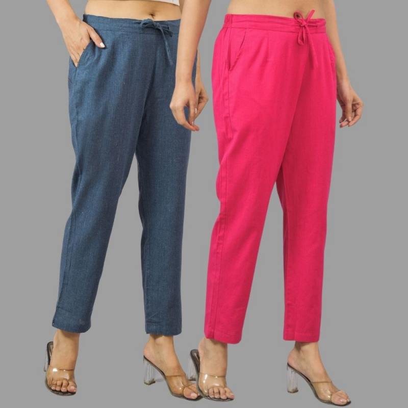 Combo of 2 Navy Blue and Magenta Pink Cotton Flax Women Trouser Pants-11436