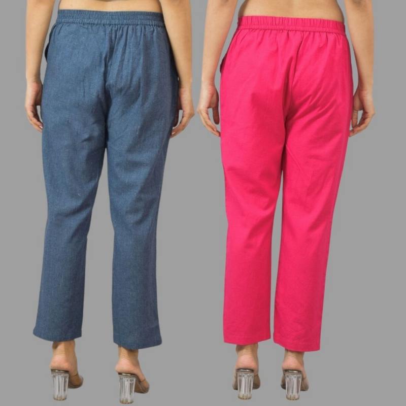 Combo of 2 Navy Blue and Magenta Pink Cotton Flax Women Trouser Pants-11436