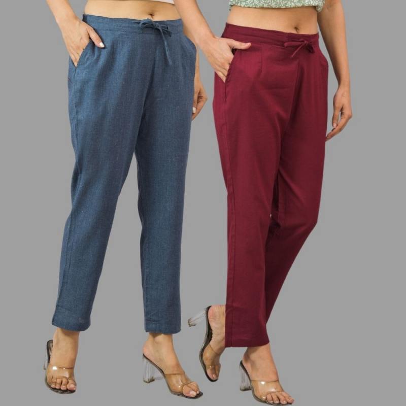 Combo of 2 Navy Blue and Maroon Cotton Flax Women Trouser Pants-11435