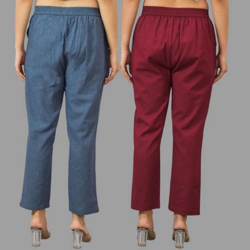 Combo of 2 Navy Blue and Maroon Cotton Flax Women Trouser Pants-11435