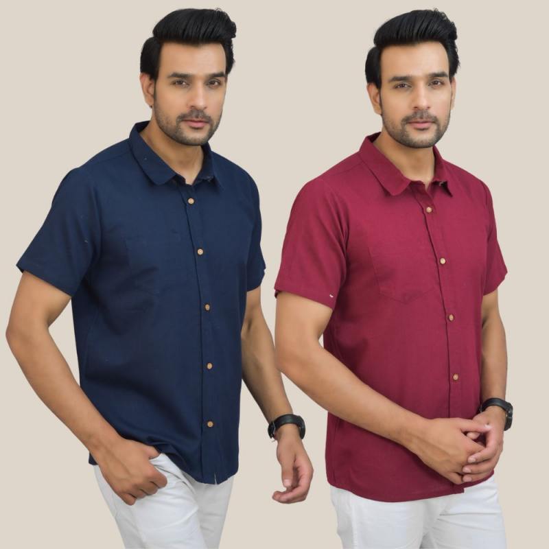 Navy Blue and Maroon Solid Cotton Men Shirt