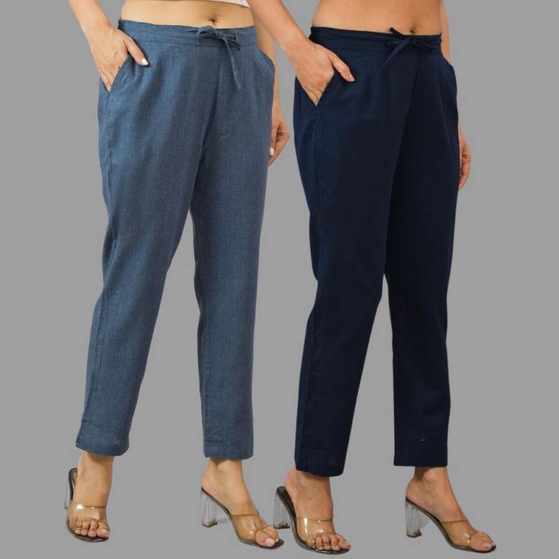 Combo of 2 Navy Blue and Navy Blue Cotton Flax Women Trouser Pants-11437