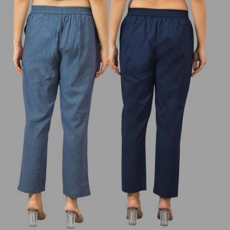 Combo of 2 Navy Blue and Navy Blue Cotton Flax Women Trouser Pants-11437