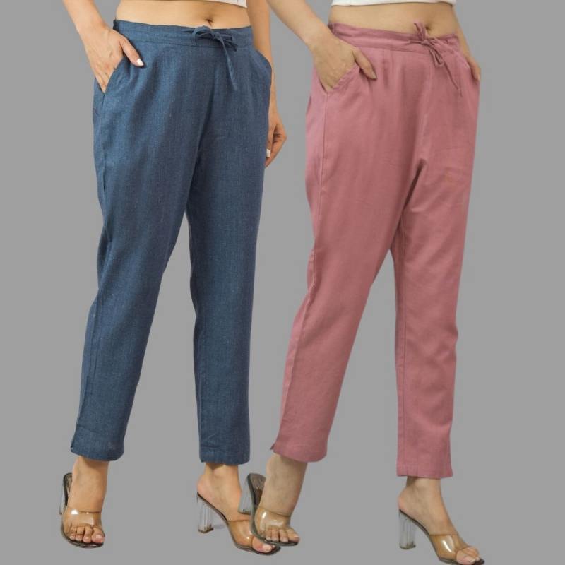 Combo of 2 Navy Blue and Pink Cotton Flax Women Trouser Pants-11439