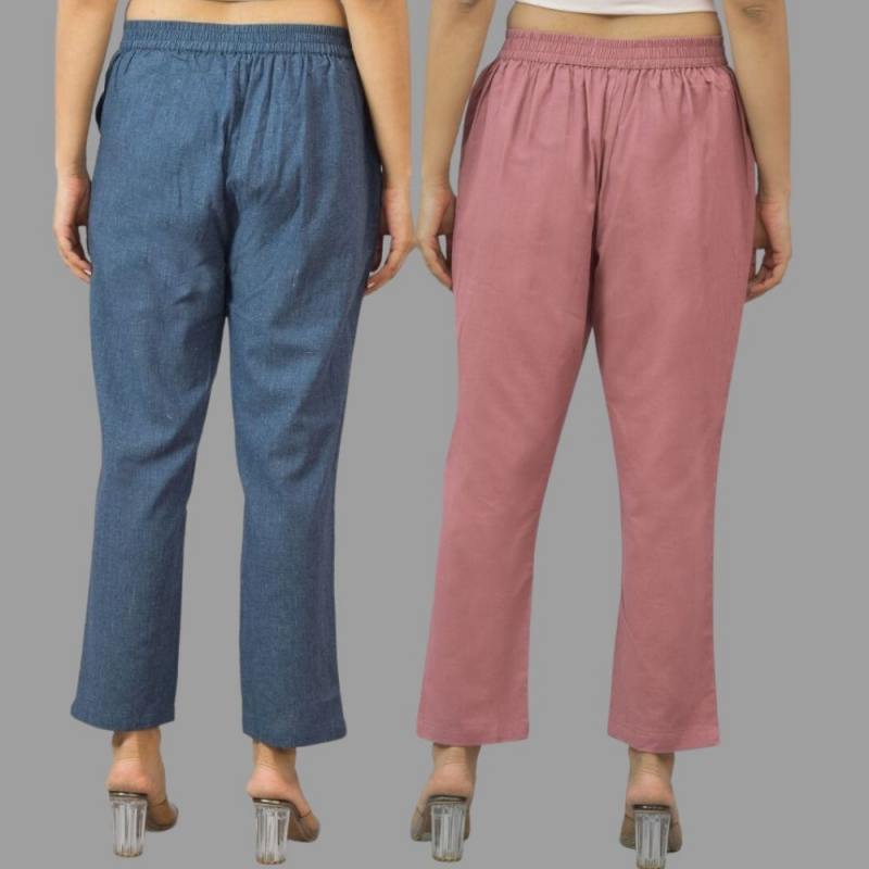 Combo of 2 Navy Blue and Pink Cotton Flax Women Trouser Pants-11439