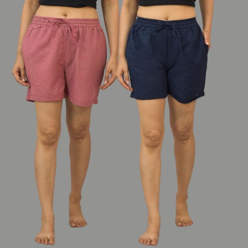 Combo of 2 Navy Blue and Pink Cotton Women Shorts-10557