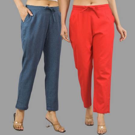 Combo of 2 Navy Blue and Red Cotton Flax Women Trouser Pants-11440