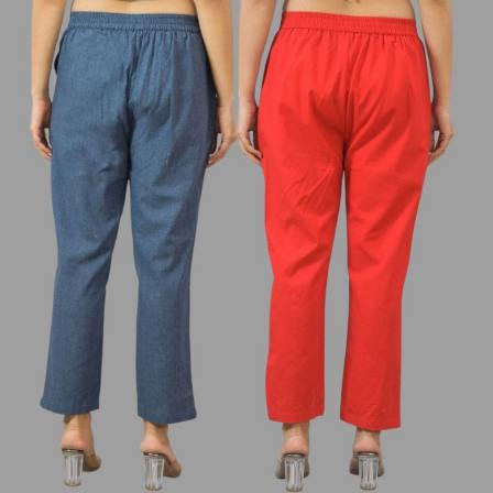 Combo of 2 Navy Blue and Red Cotton Flax Women Trouser Pants-11440