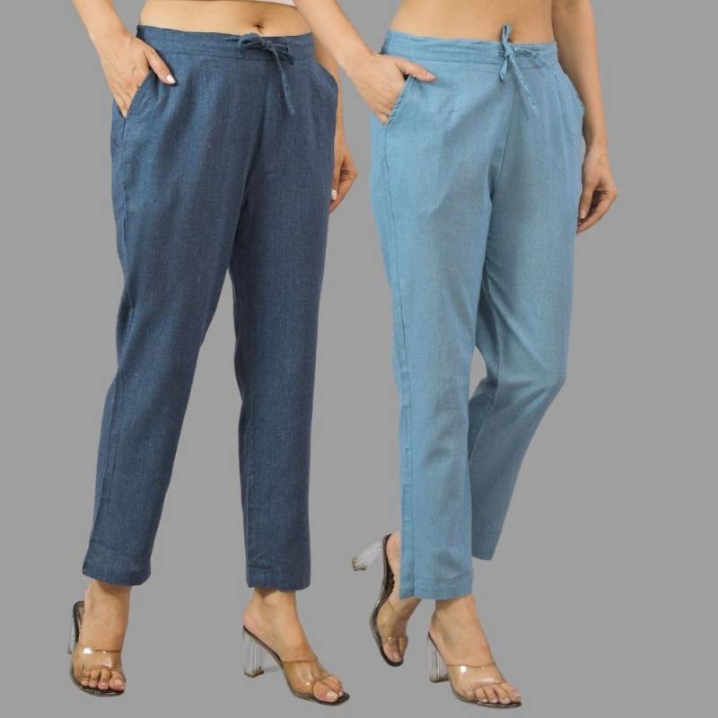 Combo of 2 Navy Blue and Sky Blue Cotton Flax Women Trouser Pants-11441