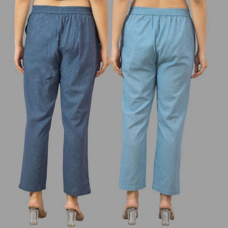 Combo of 2 Navy Blue and Sky Blue Cotton Flax Women Trouser Pants-11441