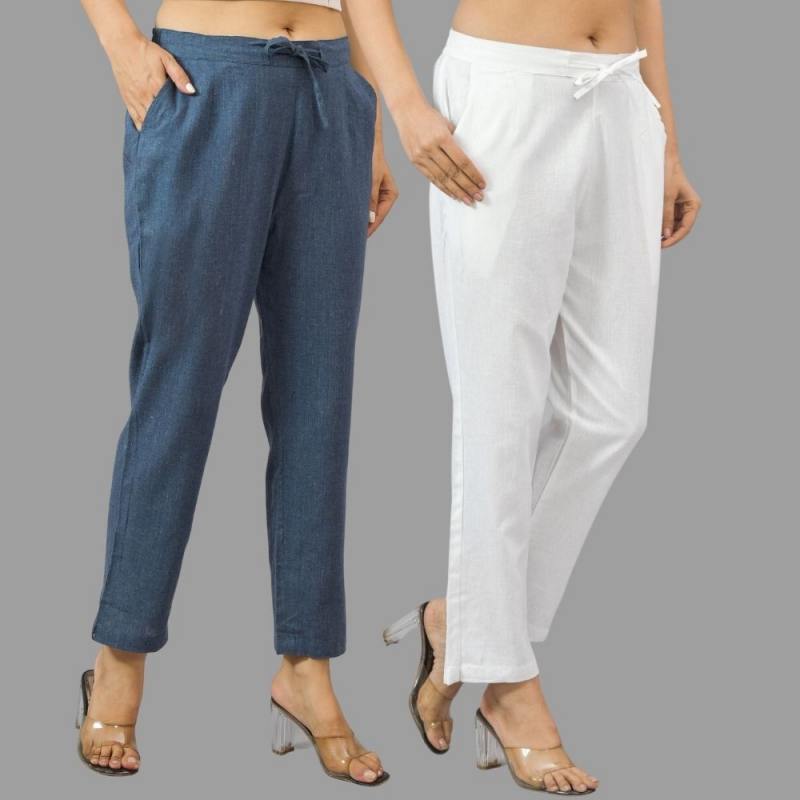 Combo of 2 Navy Blue and White Cotton Flax Women Trouser Pants-11443