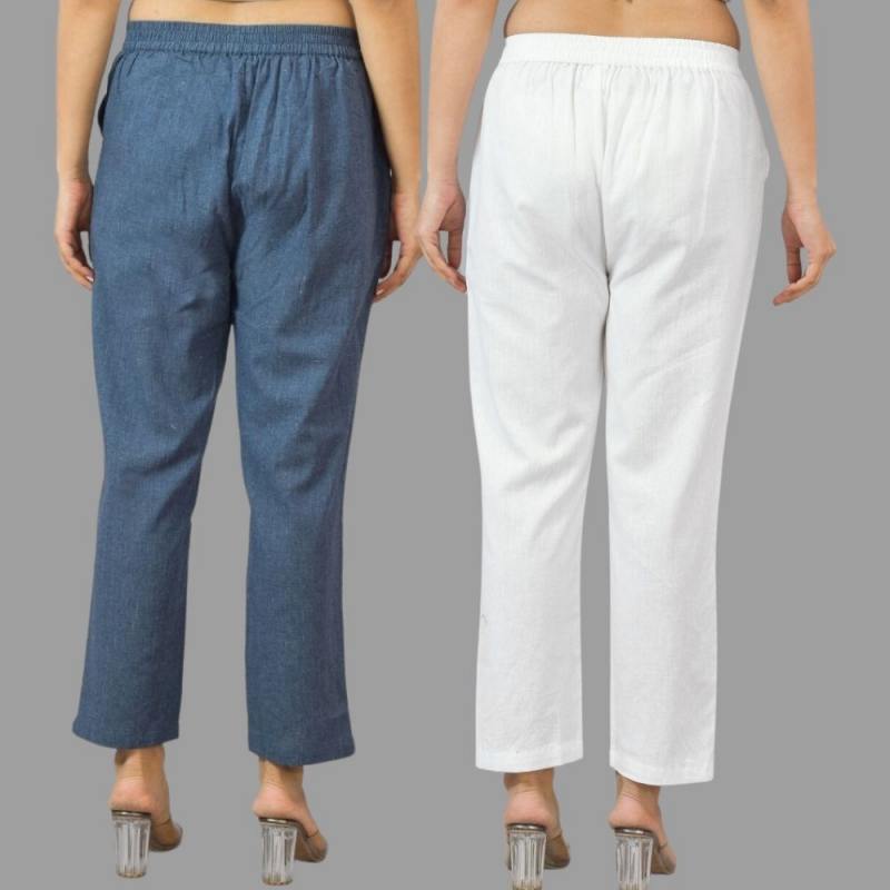 Combo of 2 Navy Blue and White Cotton Flax Women Trouser Pants-11443