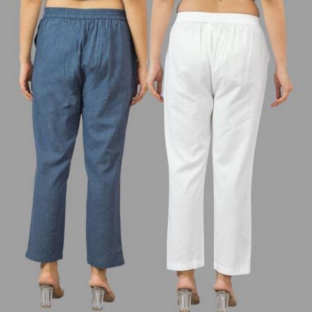 Combo of 2 Navy Blue and White Cotton Flax Women Trouser Pants-11443