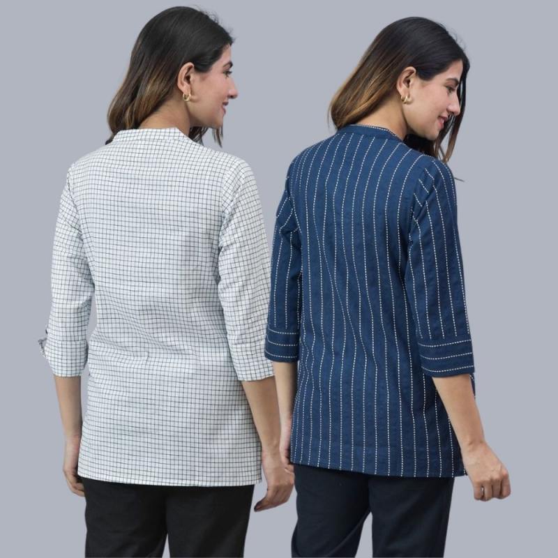 Combo of 2 Navy Blue and White Cotton Stripe Women Top-10480