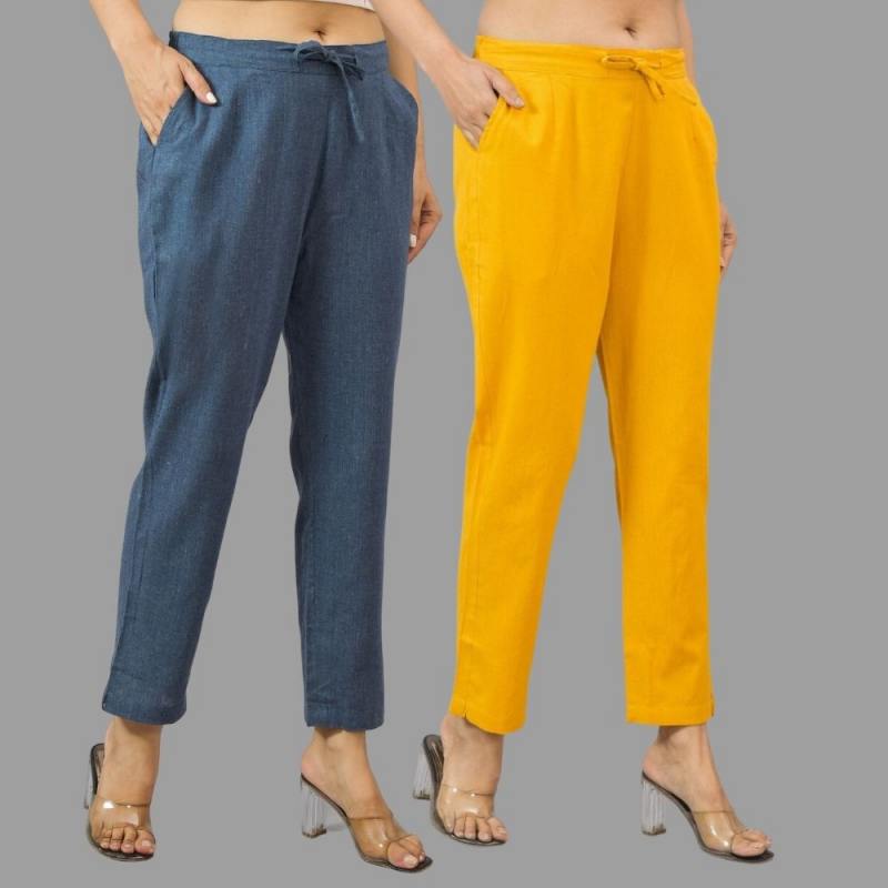 Combo of 2 Navy Blue and Yellow Cotton Flax Women Trouser Pants-11444