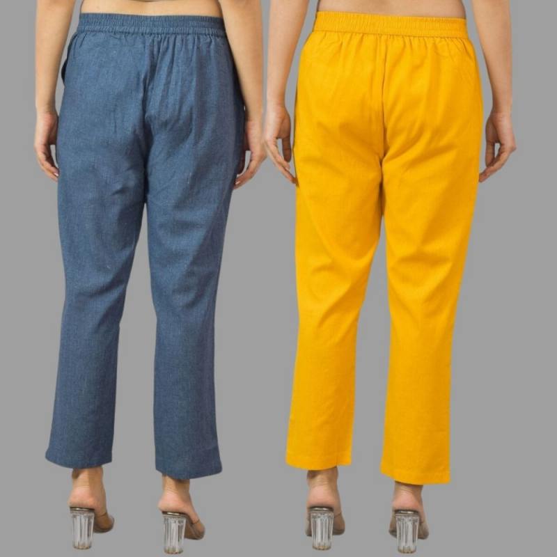 Combo of 2 Navy Blue and Yellow Cotton Flax Women Trouser Pants-11444