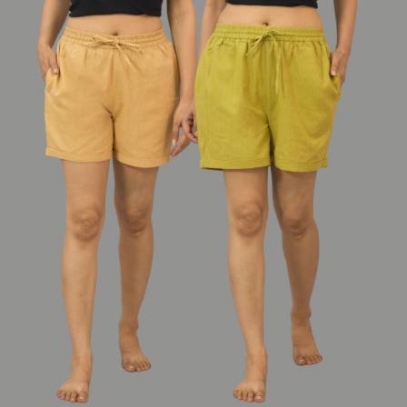 Combo of 2 Olive Green and Beige Cotton Women Shorts-10528