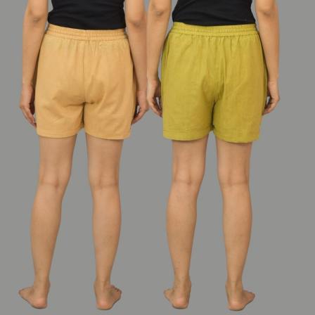 Combo of 2 Olive Green and Beige Cotton Women Shorts-10528