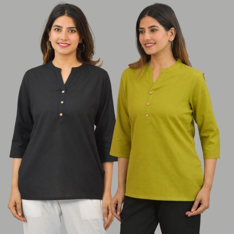 Combo of 2 Olive Green and Black Cotton Flax Women Top-10427