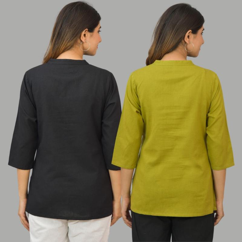 Combo of 2 Olive Green and Black Cotton Flax Women Top-10427