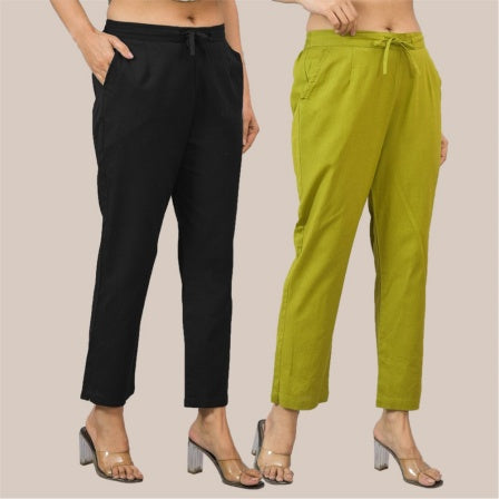 Combo of 2 Olive Green and Black Cotton Flax Women Trouser Pant-10333