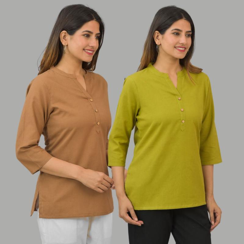 Combo of 2 Olive Green and Brown Cotton Flax Women Top-10432
