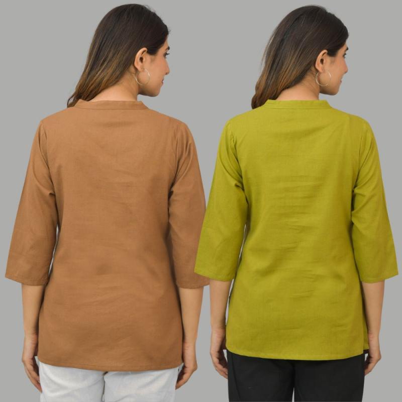 Combo of 2 Olive Green and Brown Cotton Flax Women Top-10432