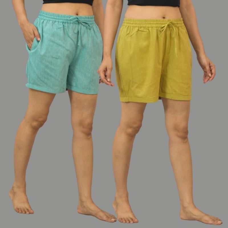 Combo of 2 Olive Green and Cyan Cotton Women Shorts-10549