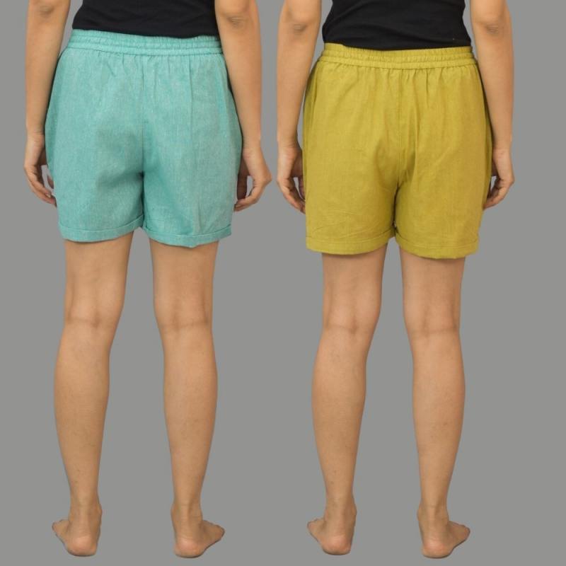 Combo of 2 Olive Green and Cyan Cotton Women Shorts-10549