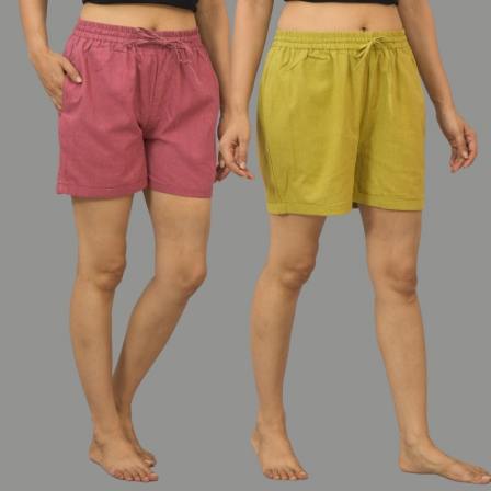 Combo of 2 Olive Green and Dark Pink Cotton Women Shorts-10539
