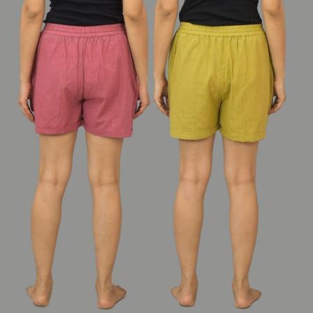 Combo of 2 Olive Green and Dark Pink Cotton Women Shorts-10539