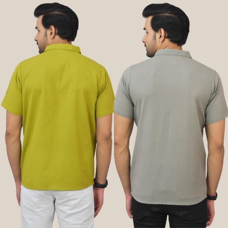 Olive Green and Gray Solid Cotton Men Shirt