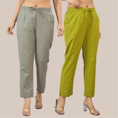 Combo of 2 Olive Green and Gray Cotton Flax Women Trouser Pant-10363