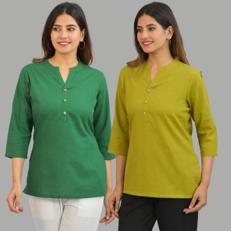 Combo of 2 Olive Green and Green Cotton Flax Women Top-10414