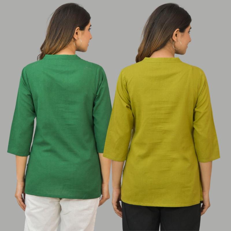 Combo of 2 Olive Green and Green Cotton Flax Women Top-10414