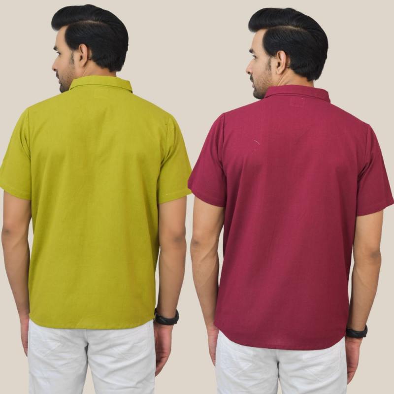 Olive Green and Maroon Solid Cotton Men Shirt
