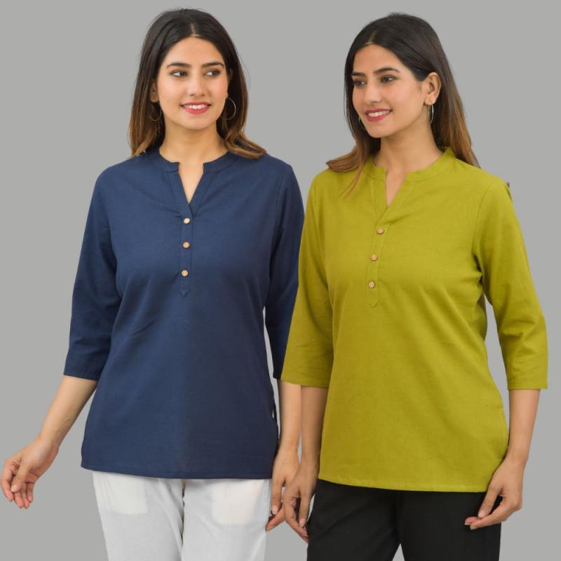Combo of 2 Olive Green and Navy Blue Cotton Flax Women Top-10421