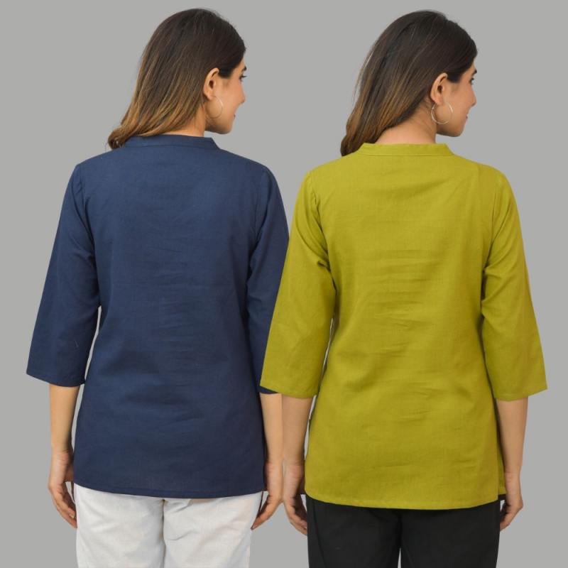 Combo of 2 Olive Green and Navy Blue Cotton Flax Women Top-10421