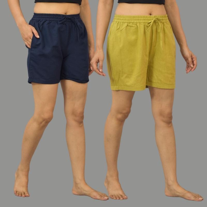 Combo of 2 Olive Green and Navy Blue Cotton Women Shorts-10566