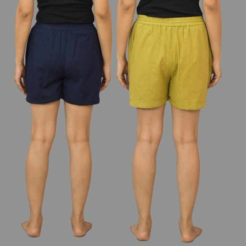 Combo of 2 Olive Green and Navy Blue Cotton Women Shorts-10566