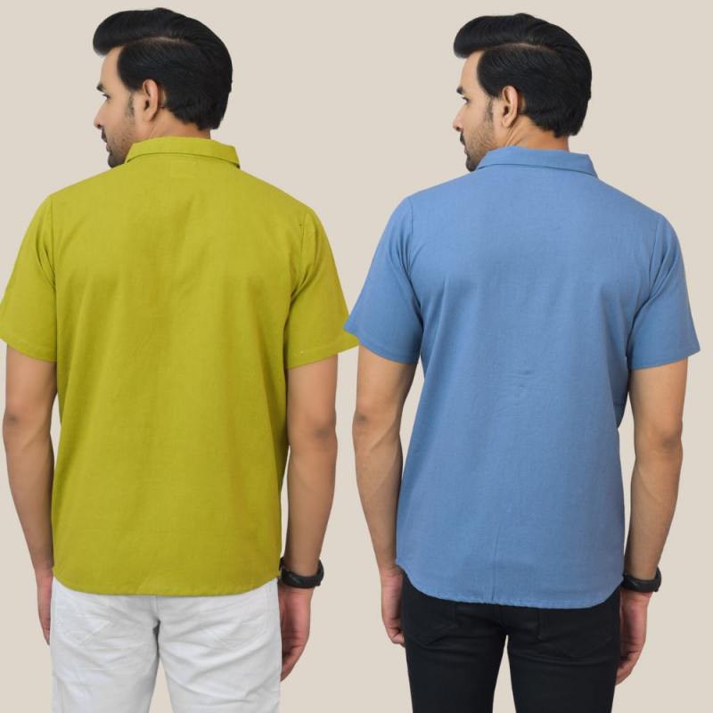 Olive Green and Sky Blue Solid Cotton Men Shirt