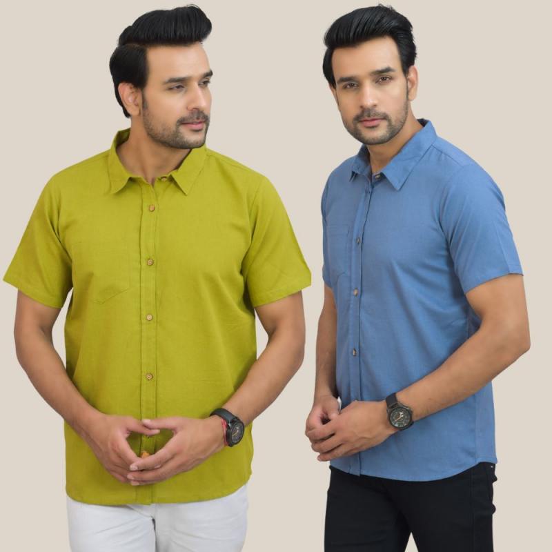 Olive Green and Sky Blue Solid Cotton Men Shirt