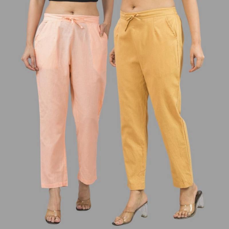 Combo of 2 Peach and Beige Cotton Flax Women Trouser Pants-11360