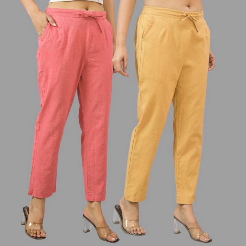 Combo of 2 Peach and Beige Cotton Flax Women Trouser Pants-11397