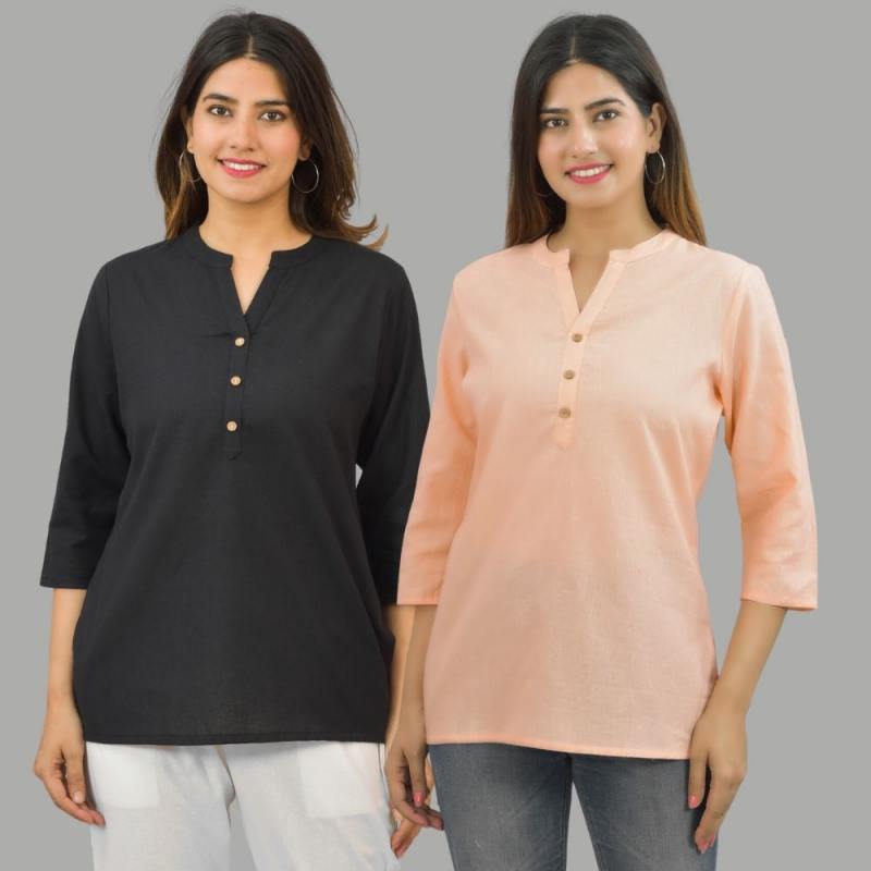 Combo of 2 Peach and Black Cotton Flax Women Top-10650