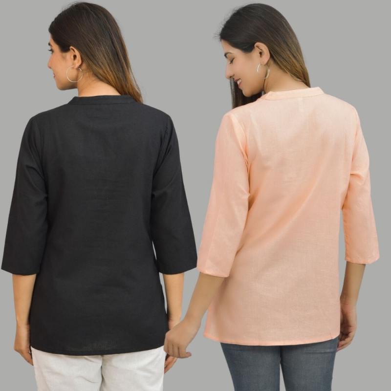 Combo of 2 Peach and Black Cotton Flax Women Top-10650