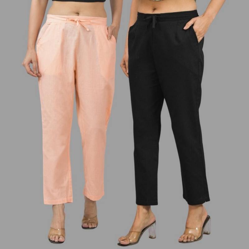 Combo of 2 Peach and Black Cotton Flax Women Trouser Pants-11359